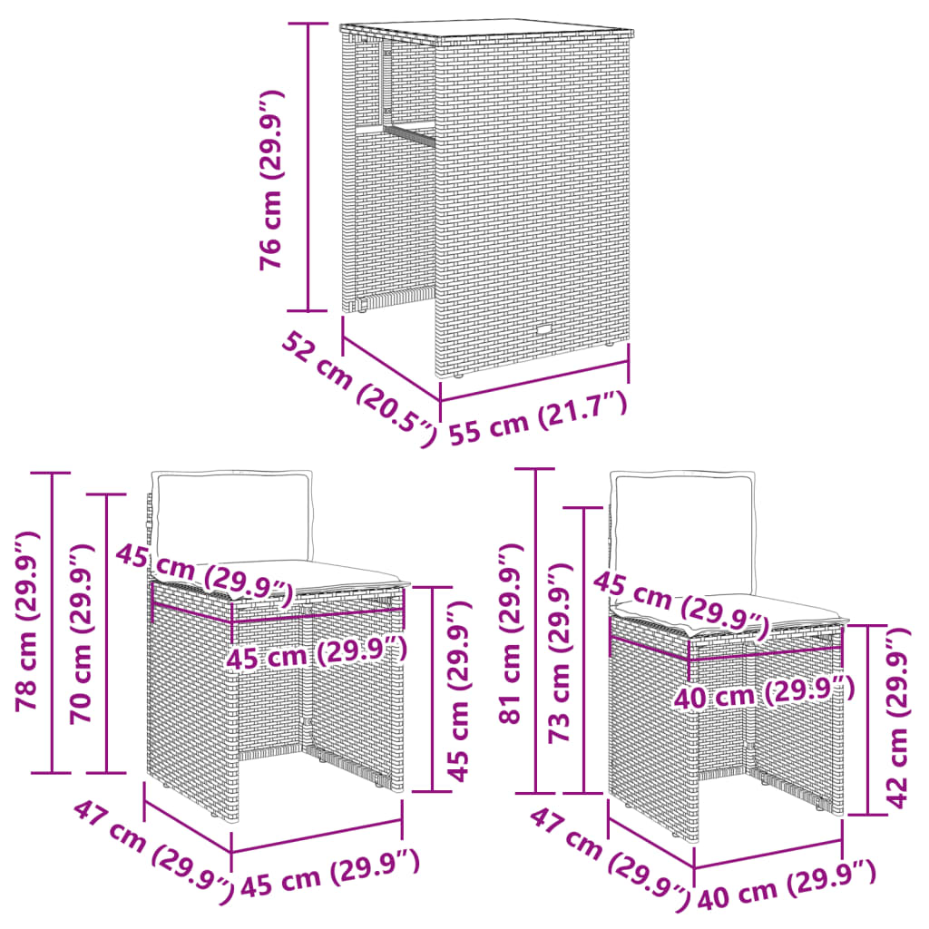 3 részes barna polyrattan bisztrógarnitúra párnákkal