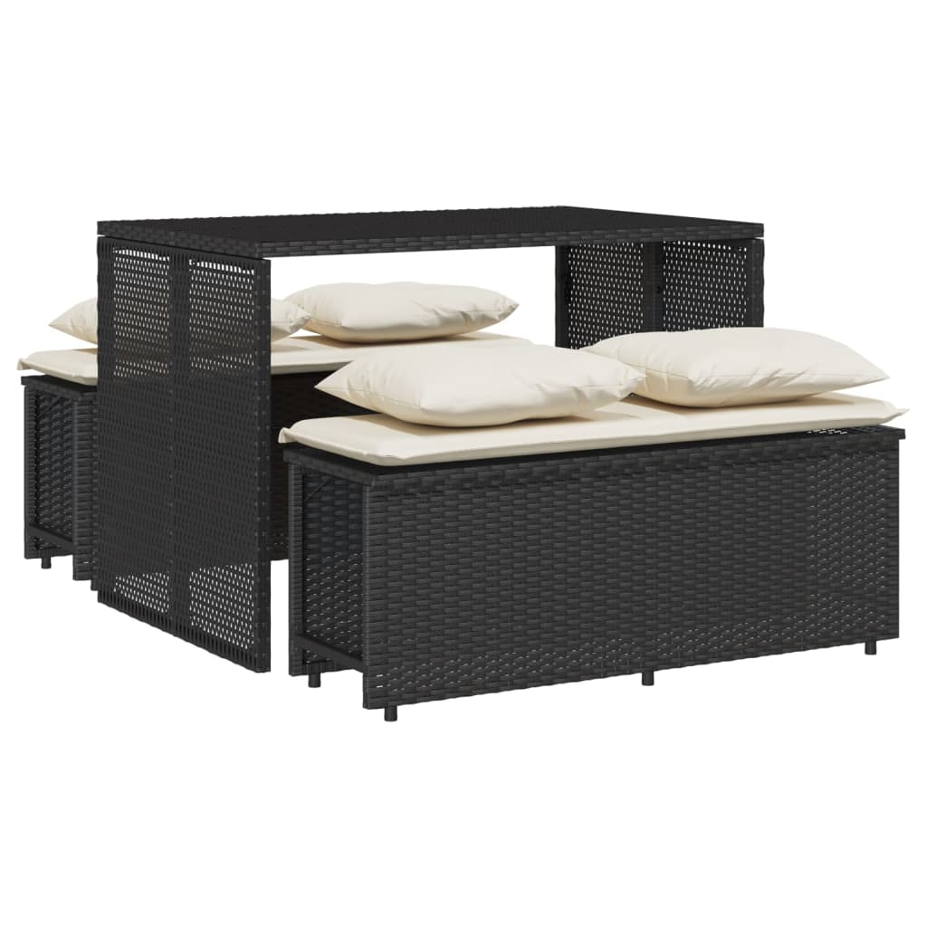 3 részes fekete polyrattan kerti étkezőgarnitúra párnákkal