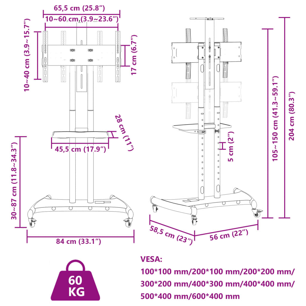 görgős TV-állvány 32"-70" képernyőhöz max VESA 600x400 mm 60 kg