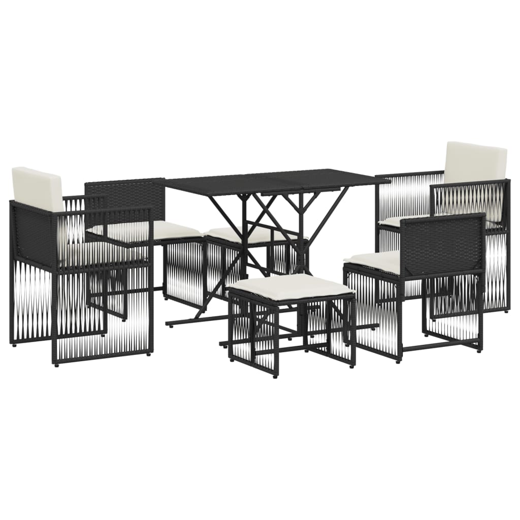 7 részes fekete polyrattan kerti étkezőgarnitúra párnával
