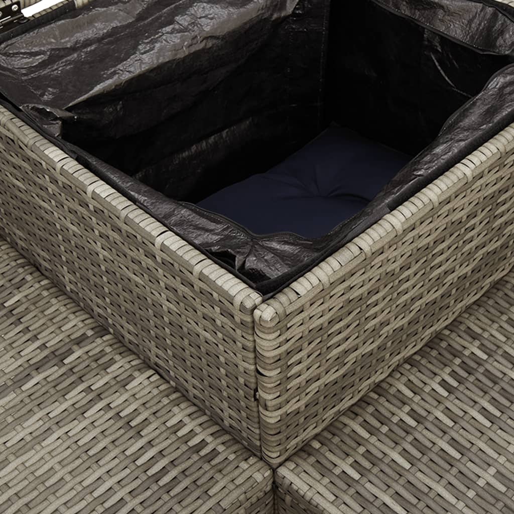 szürke polyrattan kerti kanapé asztallal és párnákkal L-alakú