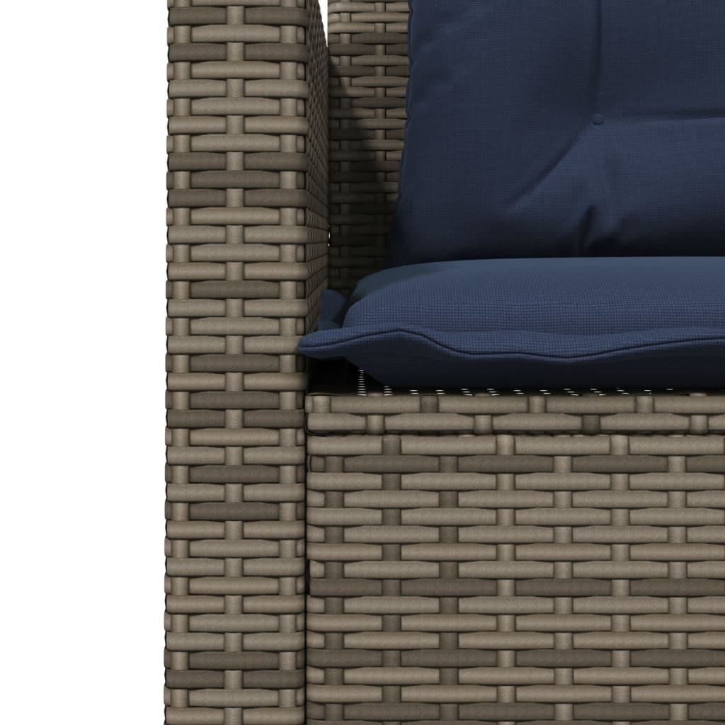 szürke polyrattan kerti kanapé asztallal és párnákkal L-alakú