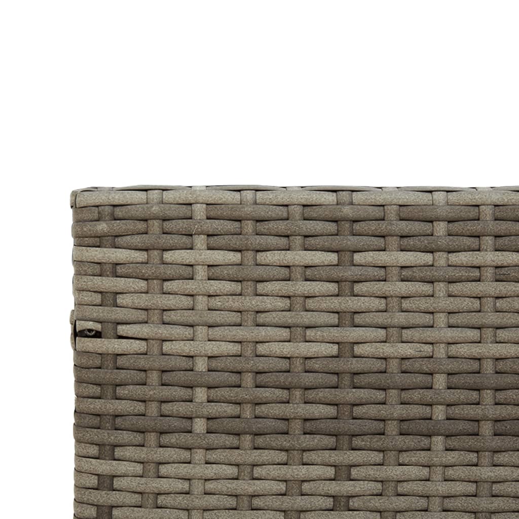 szürke polyrattan kerti kanapé asztallal és párnákkal L-alakú