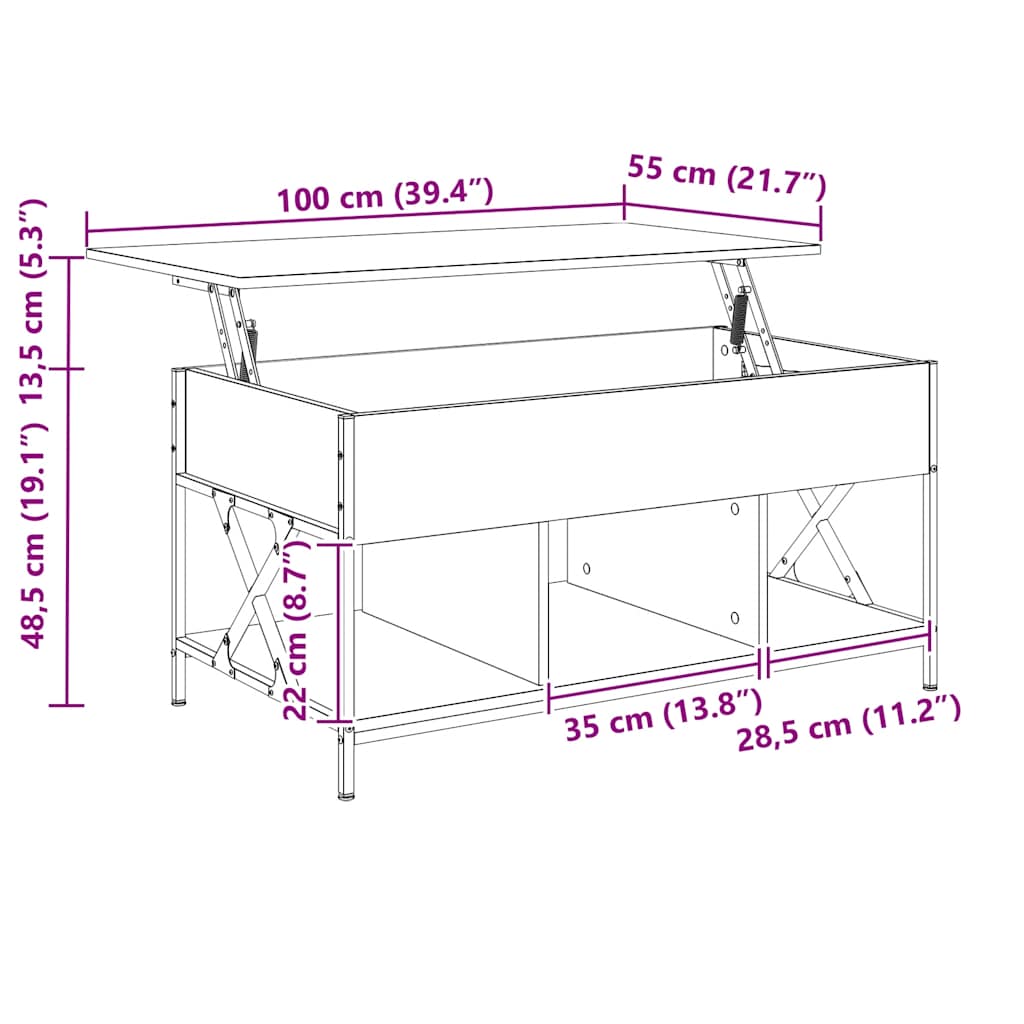 füstös tölgy szerelt fa és fém dohányzóasztal 100 x 55 x 50 cm