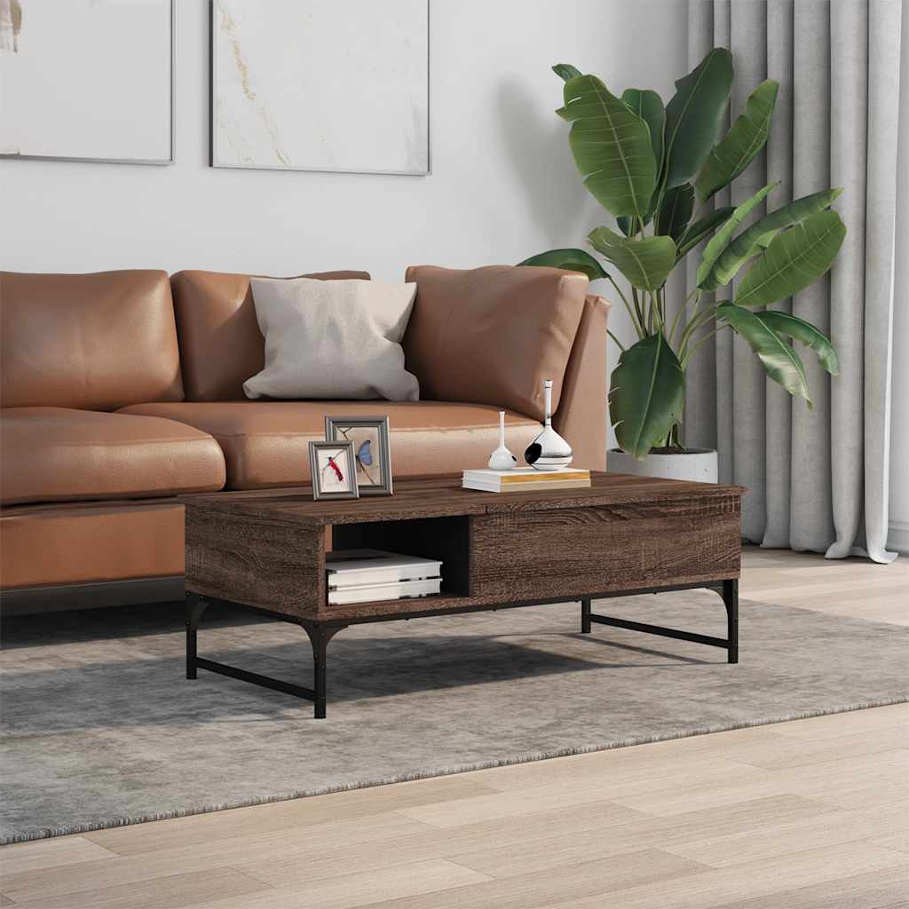 barna tölgy színű szerelt fa és fém dohányzóasztal 100x50x35 cm