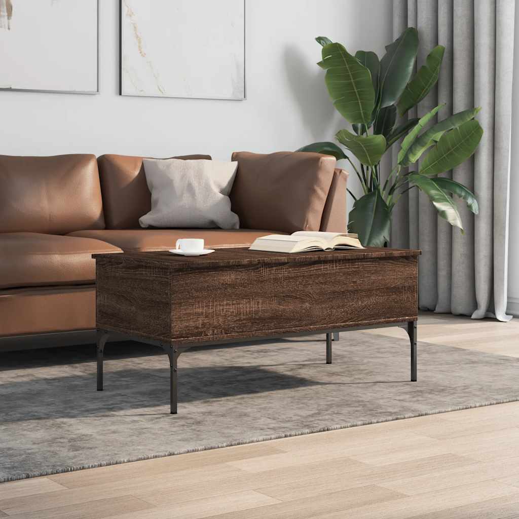 barna tölgyszínű szerelt fa és fém dohányzóasztal 100x50x45 cm