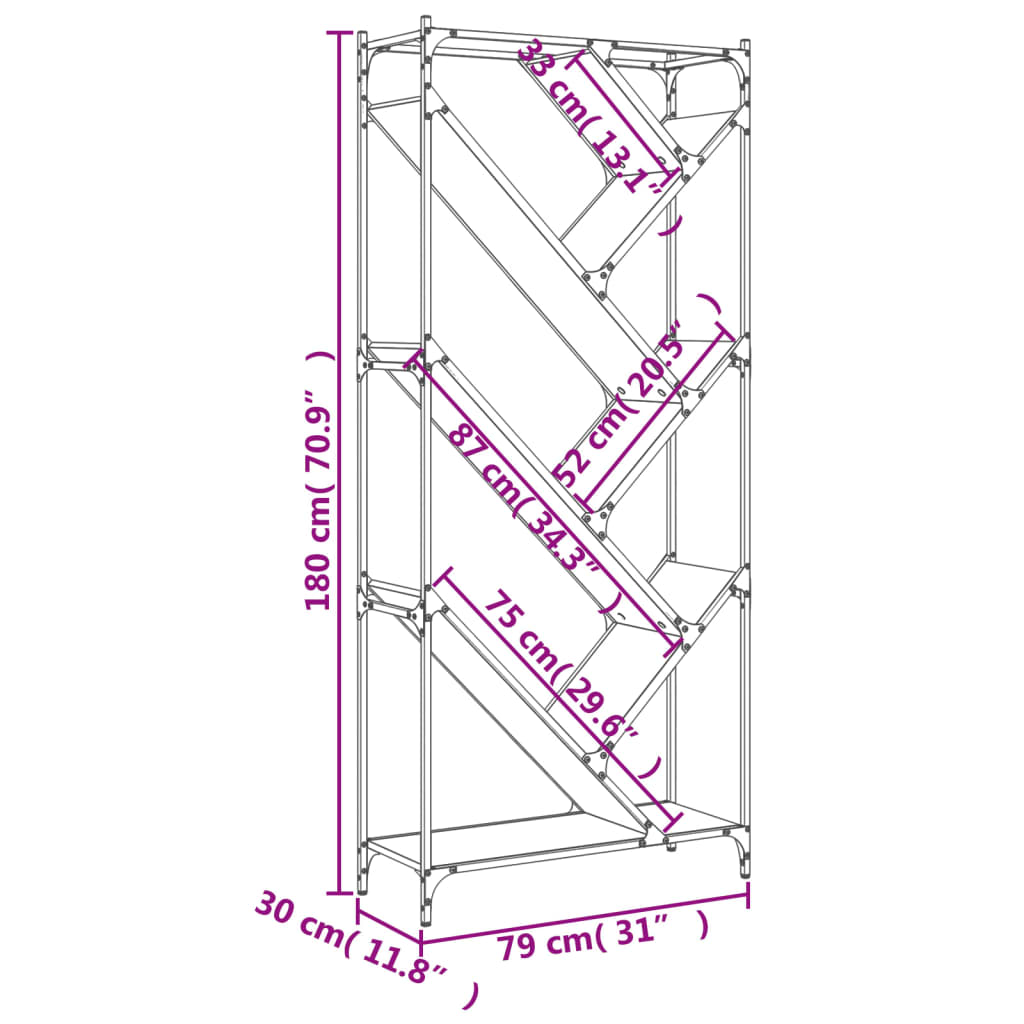 barna tölgy színű szerelt fa és fém könyvszekrény 79x30x180 cm