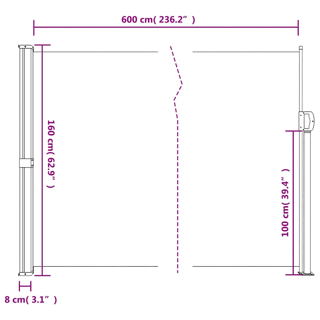 tópszínű behúzható oldalsó napellenző 160 x 600 cm