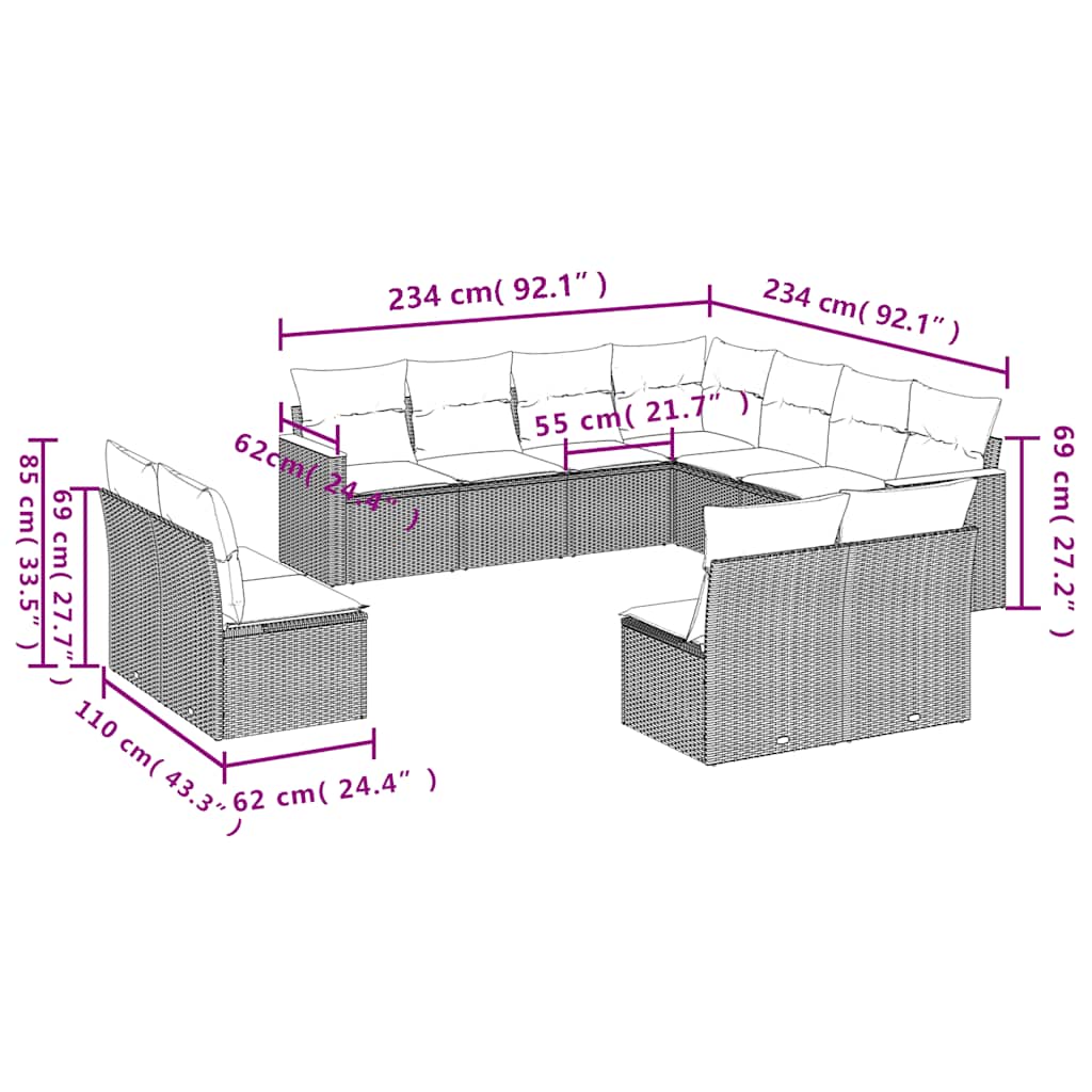 11 részes fekete polyrattan kerti ülőgarnitúra párnákkal
