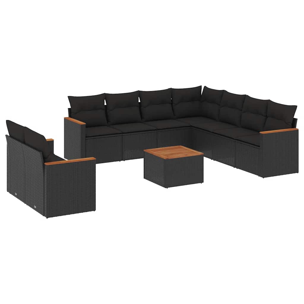 10 részes fekete polyrattan kerti ülőgarnitúra párnákkal