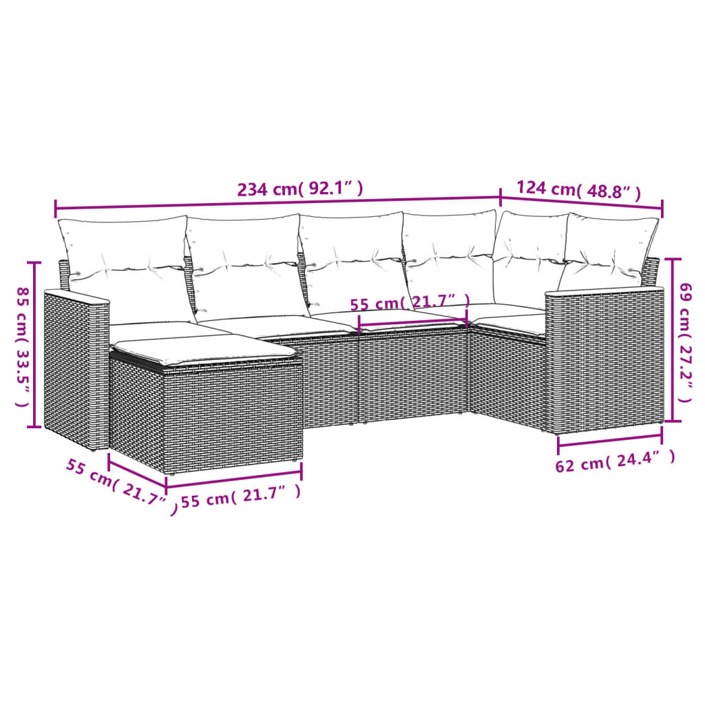 6 db szürke polyrattan kerti kanapégarnitúra párnákkal