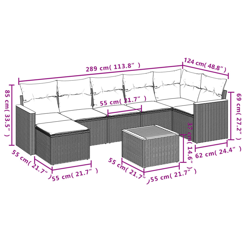 8 részes fekete polyrattan kerti ülőgarnitúra párnákkal
