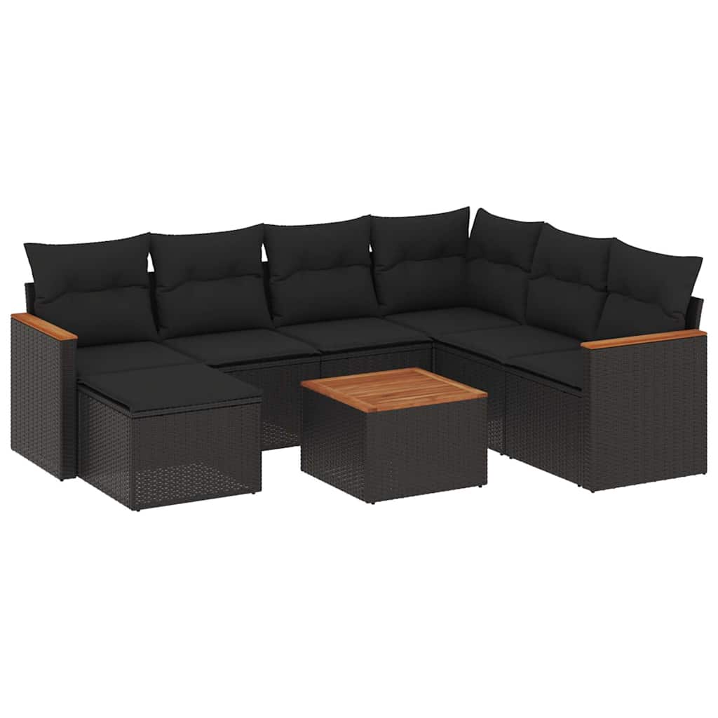 8 részes fekete polyrattan kerti ülőgarnitúra párnákkal