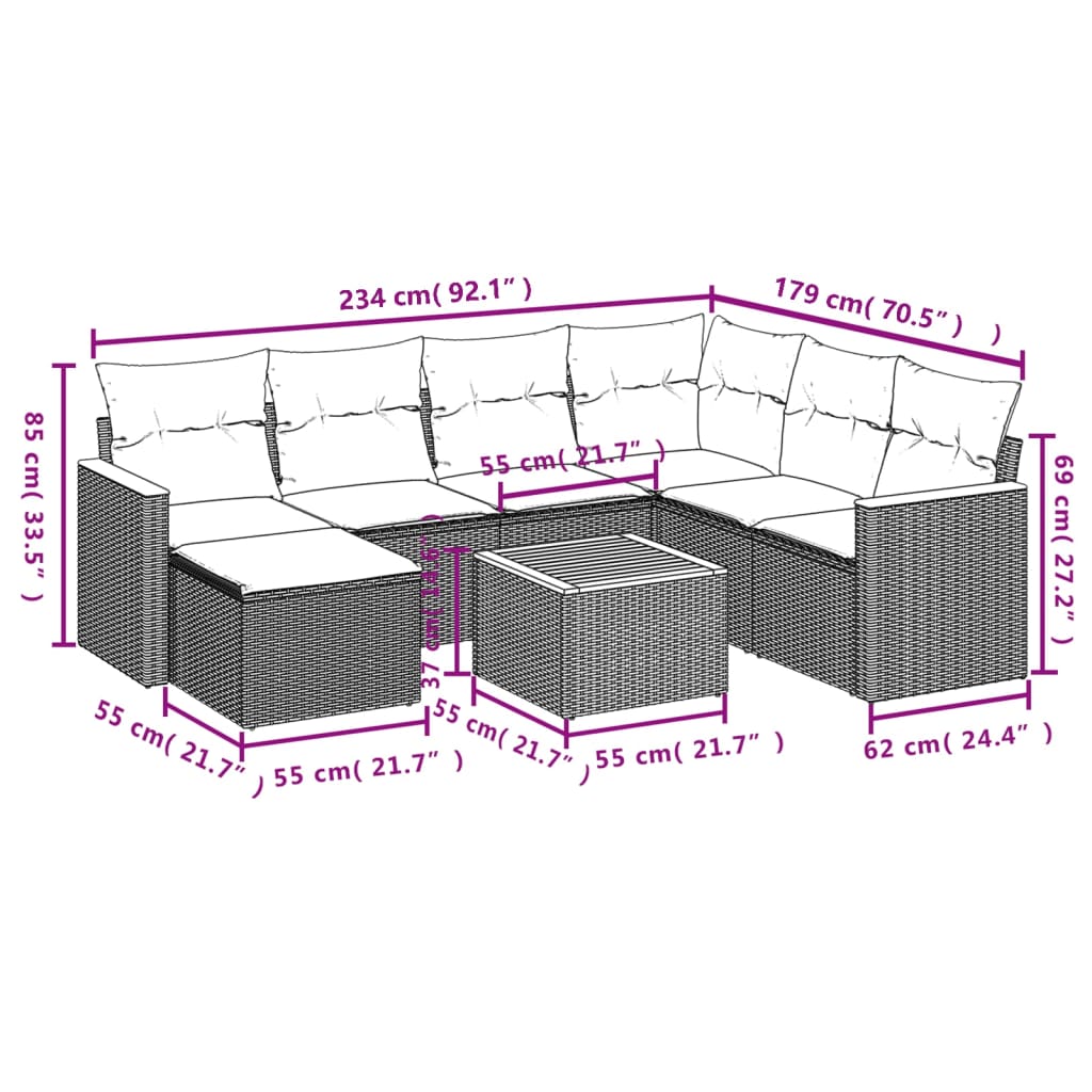 8 részes szürke polyrattan kerti ülőgarnitúra párnákkal