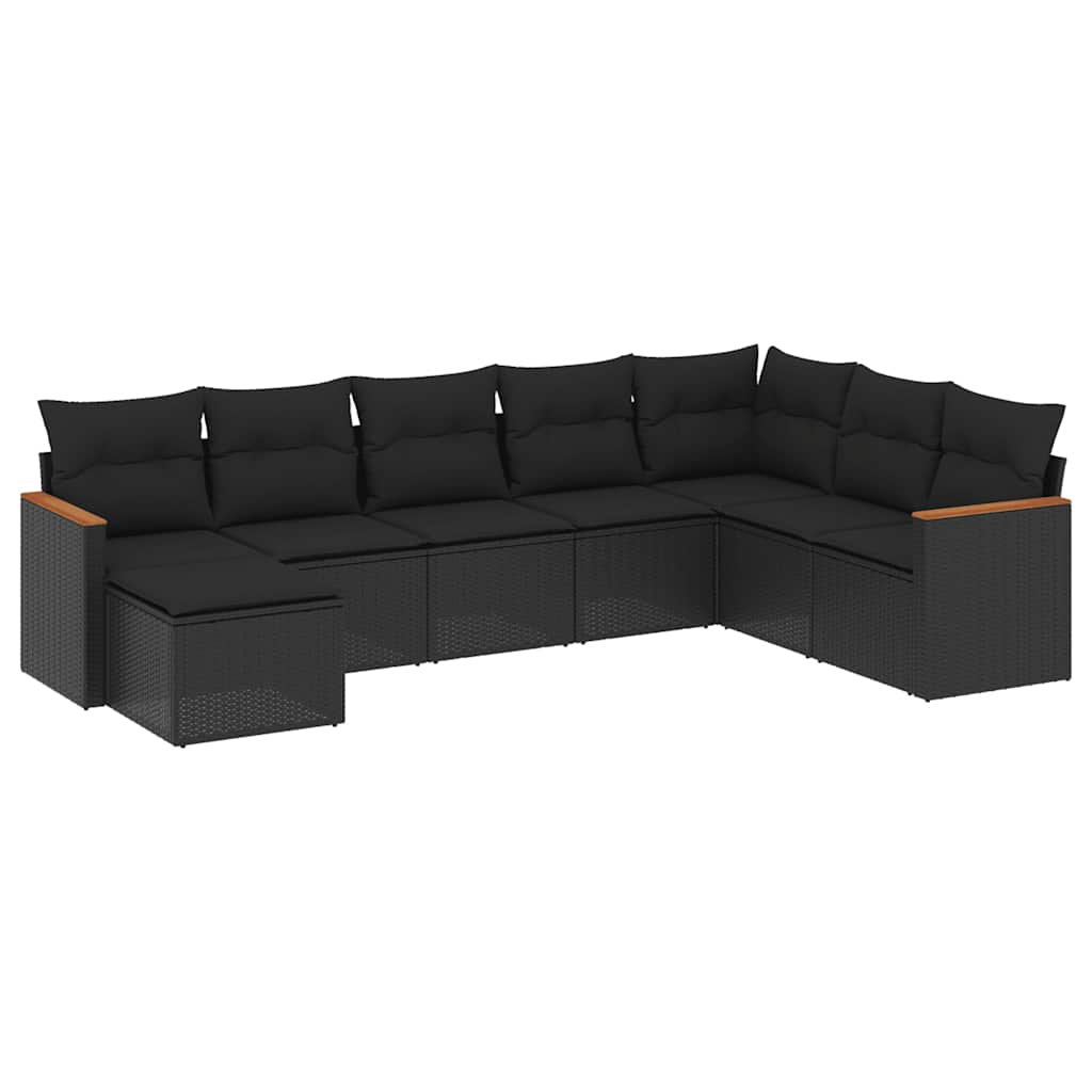 8 részes fekete polyrattan kerti ülőgarnitúra párnákkal