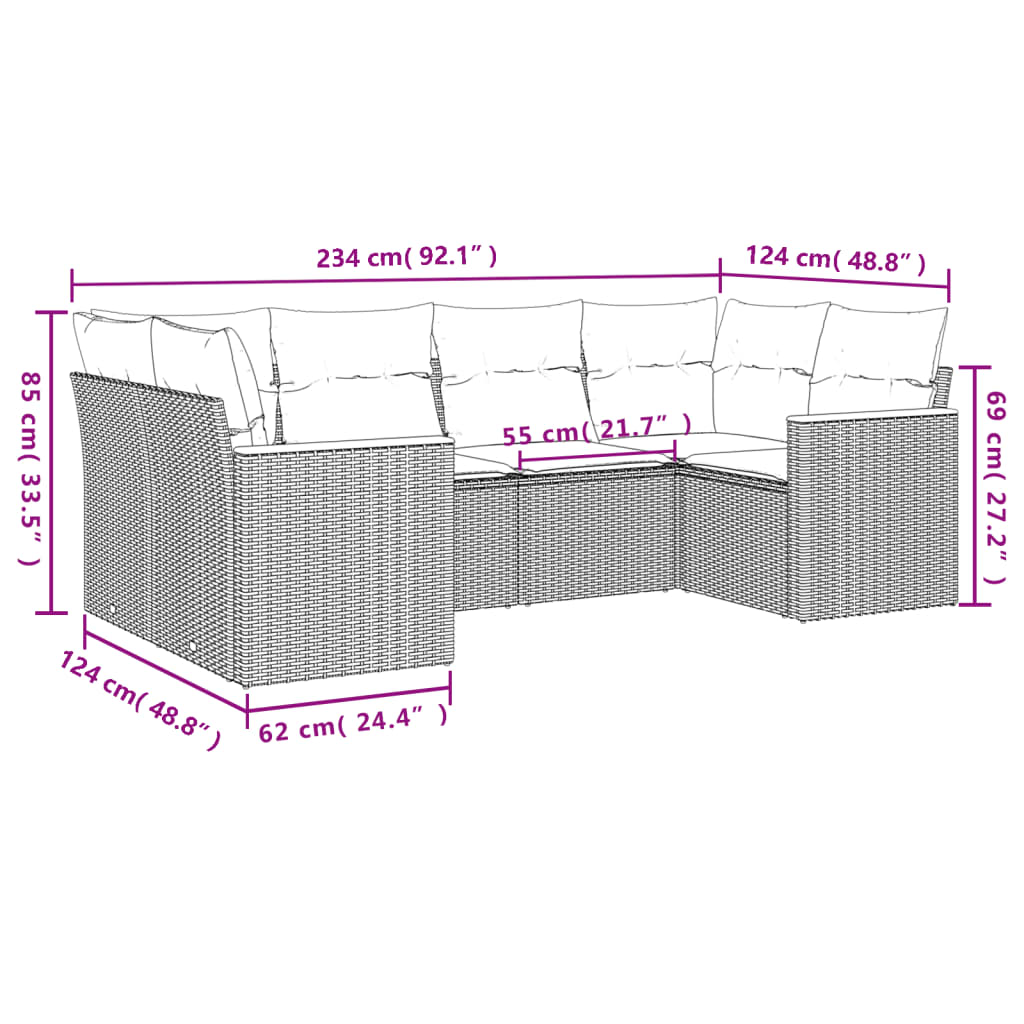 6 db szürke polyrattan kerti kanapégarnitúra párnákkal
