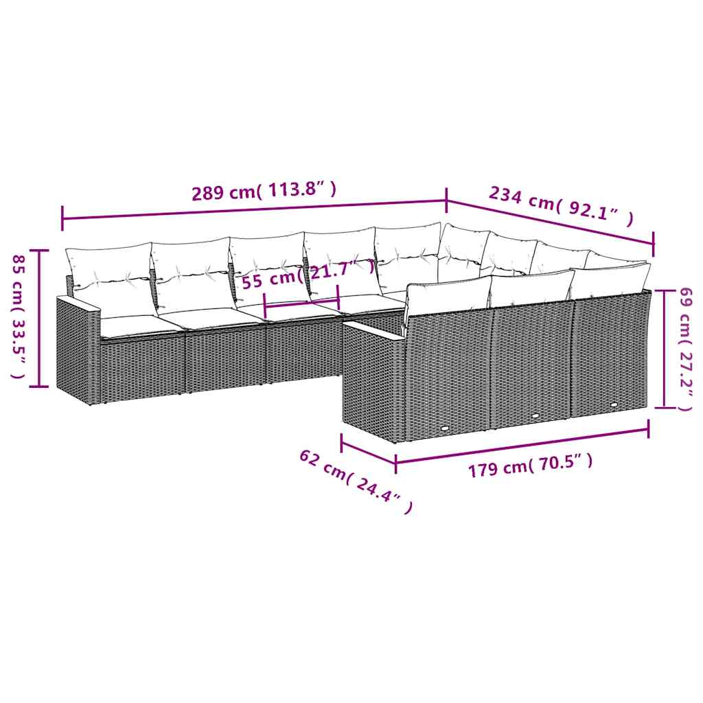 10 db fekete polyrattan kerti kanapégarnitúra párnákkal