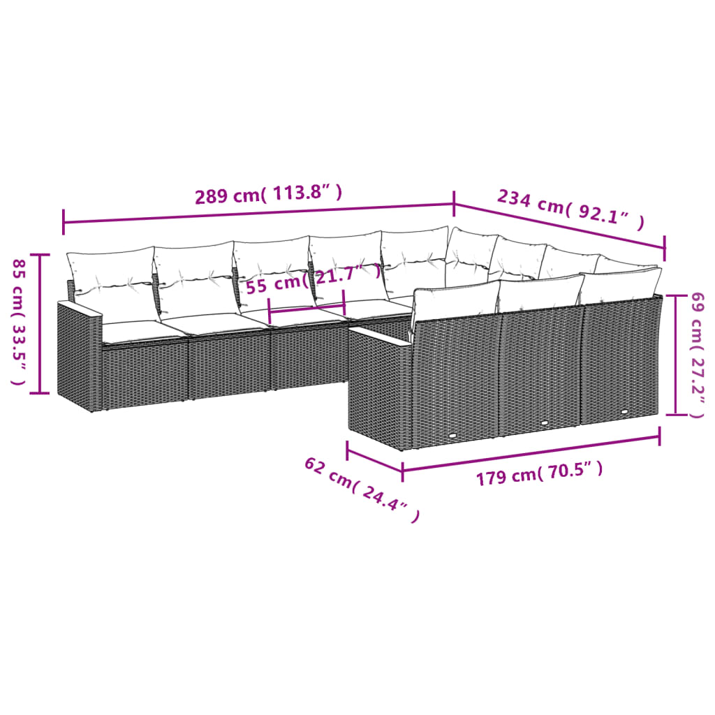 10 db szürke polyrattan kerti kanapégarnitúra párnákkal