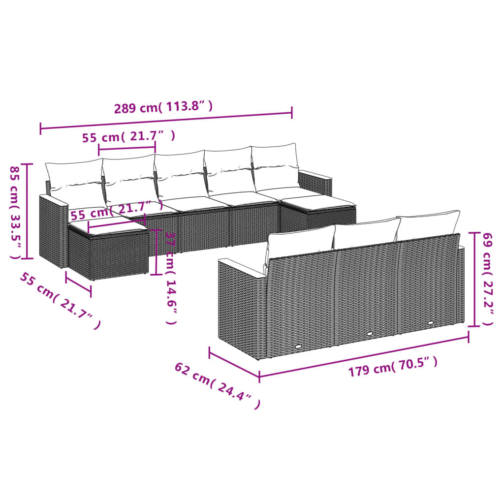 10 db szürke polyrattan kerti kanapégarnitúra párnákkal