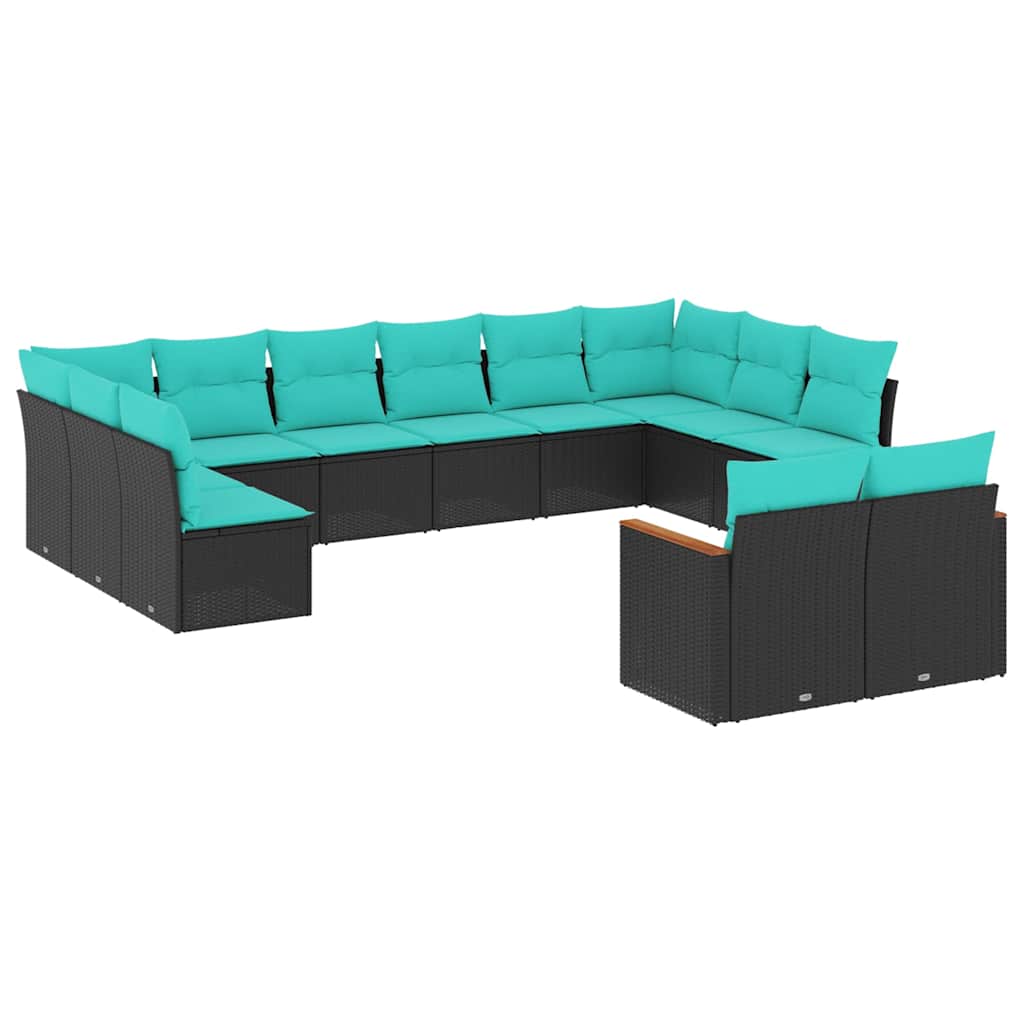 12 db fekete polyrattan kerti kanapégarnitúra párnákkal