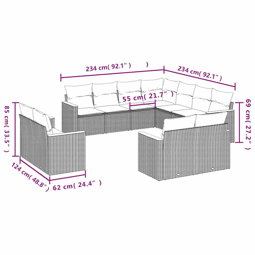 11 részes fekete polyrattan kerti ülőgarnitúra párnákkal