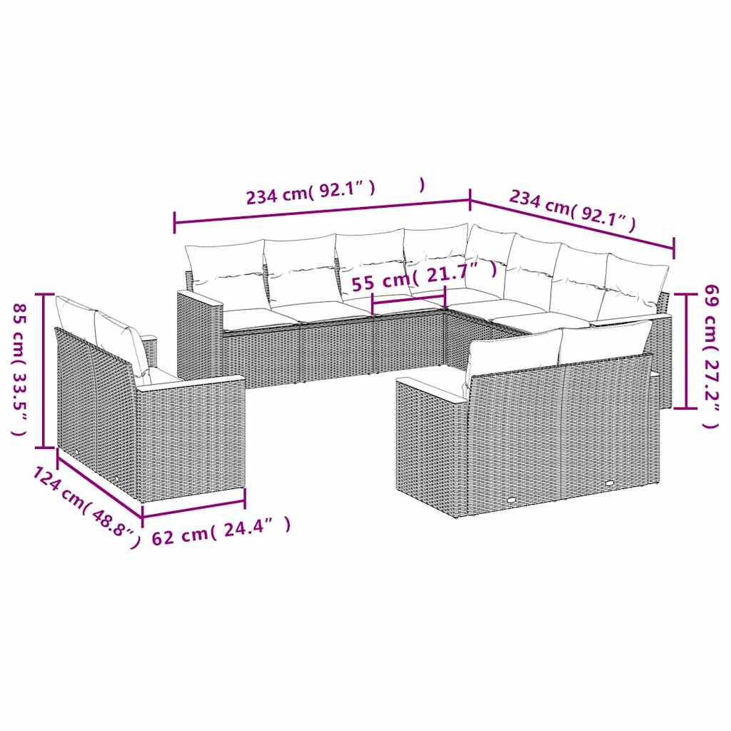 11 db fekete polyrattan kerti kanapégarnitúra párnákkal