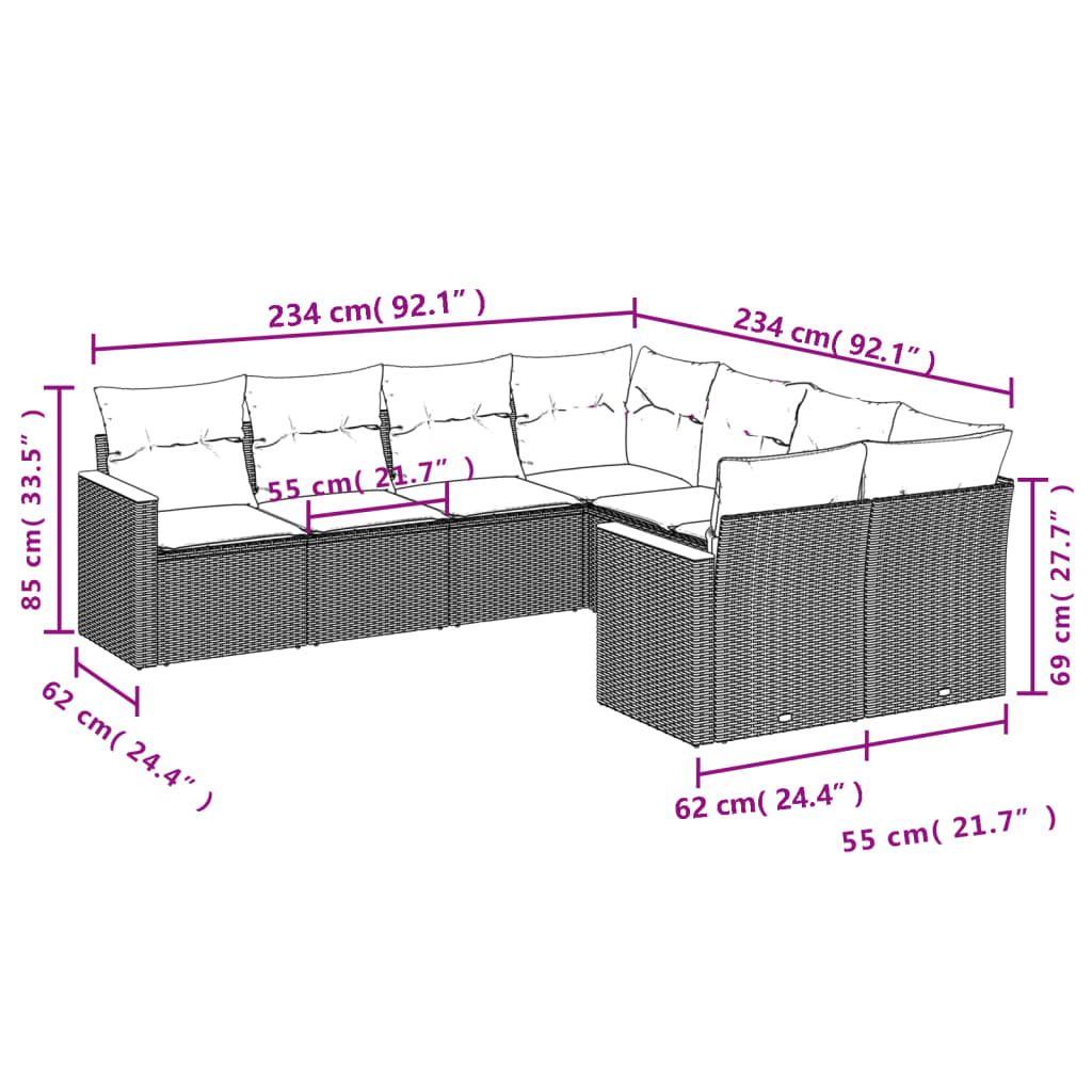 8 db szürke polyrattan kerti kanapégarnitúra párnákkal