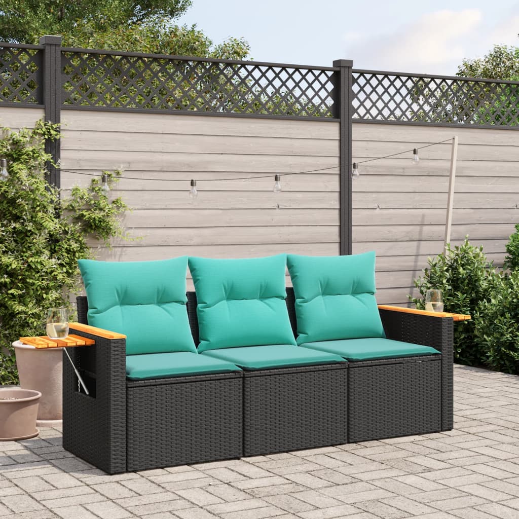 3 részes fekete polyrattan kerti ülőgarnitúra párnával