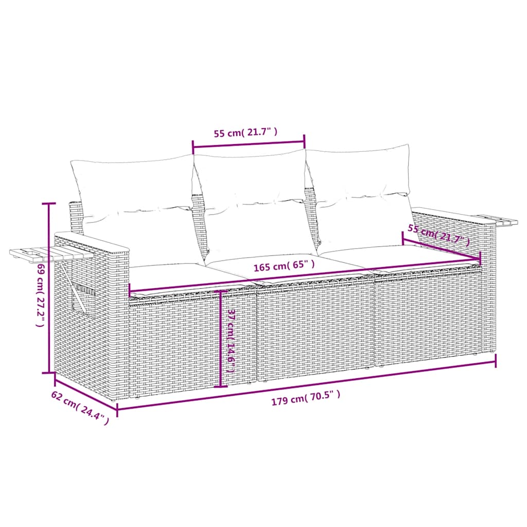 3 részes szürke polyrattan kerti ülőgarnitúra párnákkal