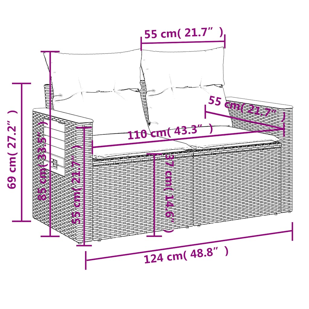 8 részes fekete polyrattan kerti ülőgarnitúra párnákkal