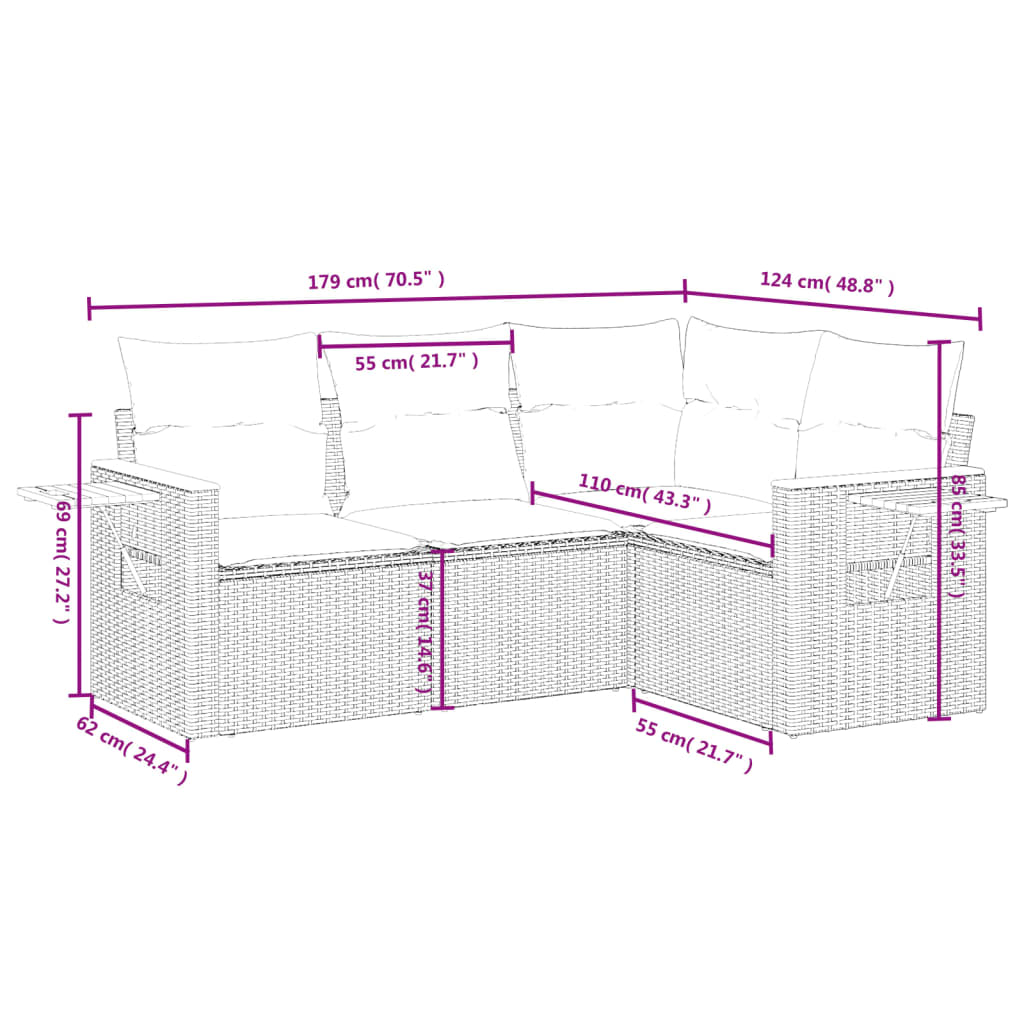 4 részes fekete polyrattan kerti ülőgarnitúra párnával