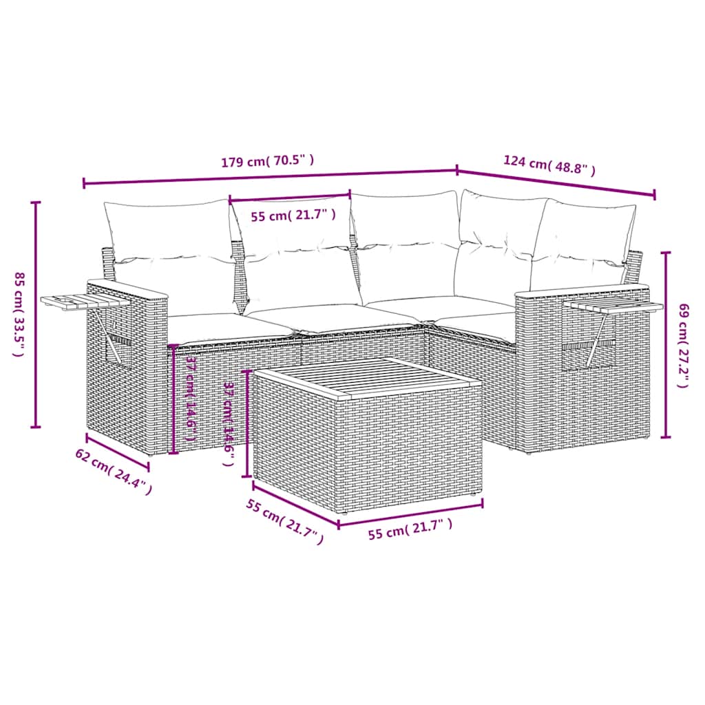 5 részes szürke polyrattan kerti ülőgarnitúra párnával