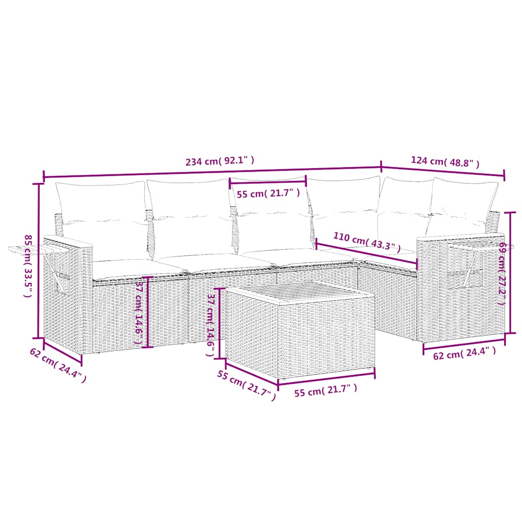 6 részes szürke polyrattan kerti ülőgarnitúra párnával