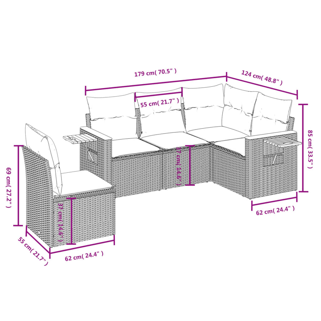 5 részes fekete polyrattan kerti ülőgarnitúra párnával