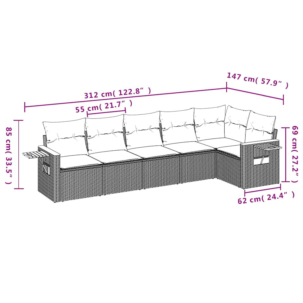 6 részes fekete polyrattan kerti ülőgarnitúra párnákkal