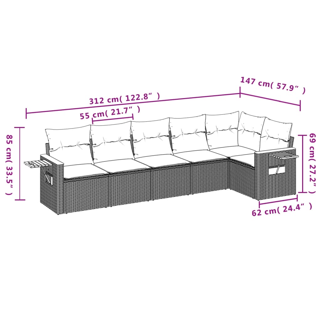 6 részes fekete polyrattan kerti ülőgarnitúra párnákkal