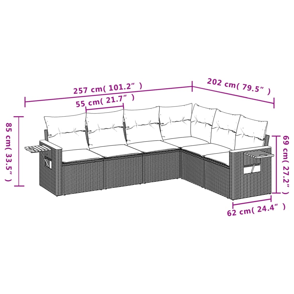 6 részes fekete polyrattan kerti ülőgarnitúra párnával