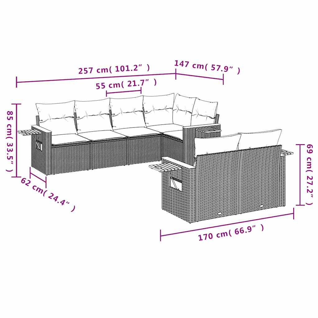 7 részes szürke polyrattan kerti ülőgarnitúra párnákkal