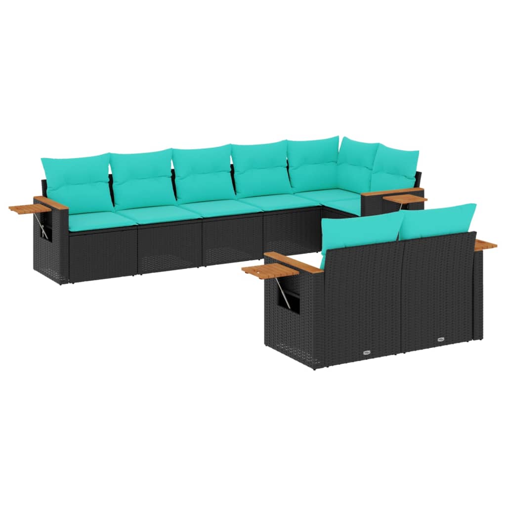 8 részes fekete polyrattan kerti ülőgarnitúra párnával