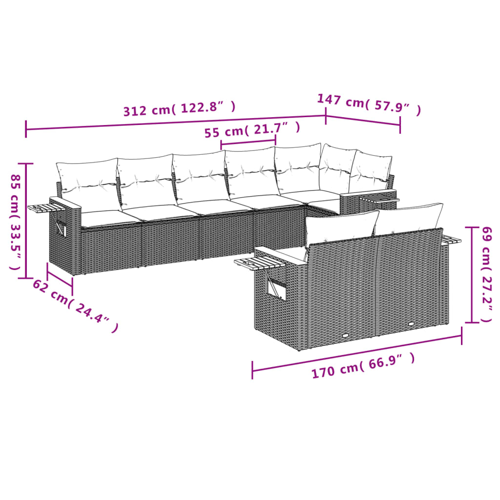 8 részes fekete polyrattan kerti ülőgarnitúra párnával
