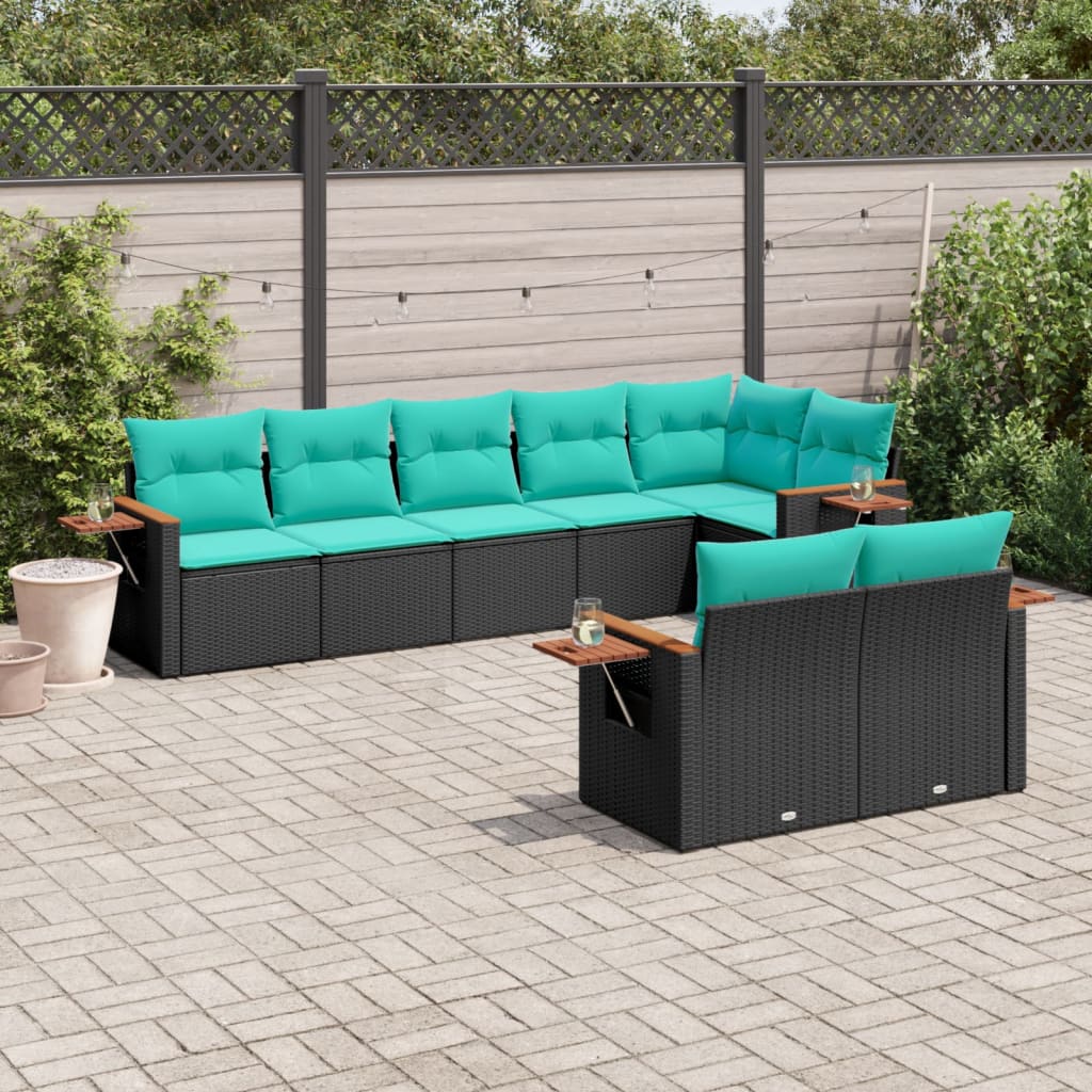 8 részes fekete polyrattan kerti ülőgarnitúra párnával