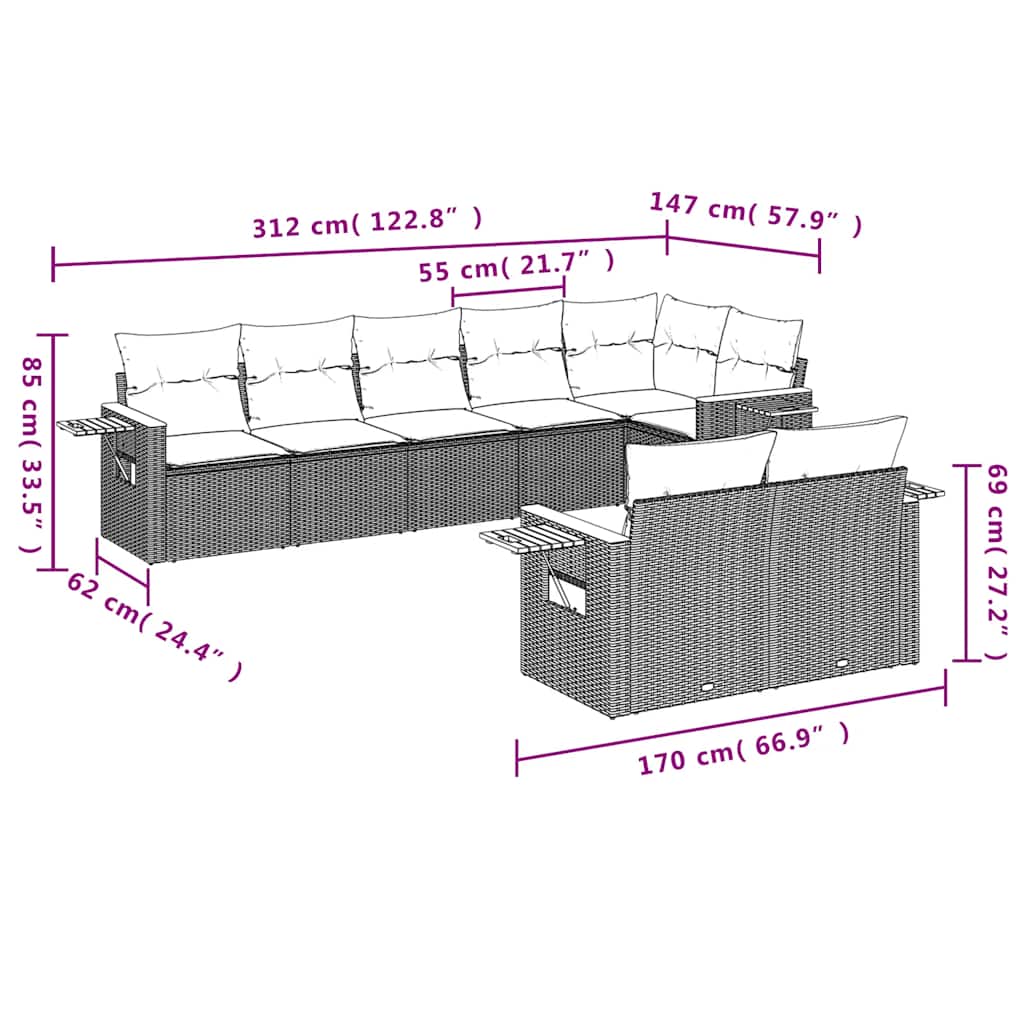 8 részes szürke polyrattan kerti ülőgarnitúra párnával