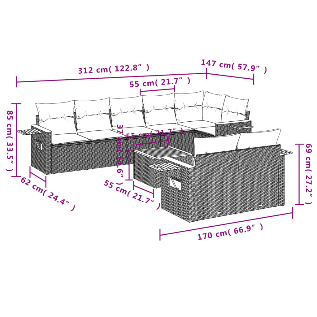 9 részes szürke polyrattan kerti ülőgarnitúra párnákkal