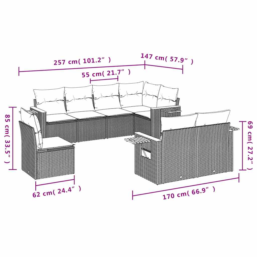 8 részes fekete polyrattan kerti ülőgarnitúra párnákkal