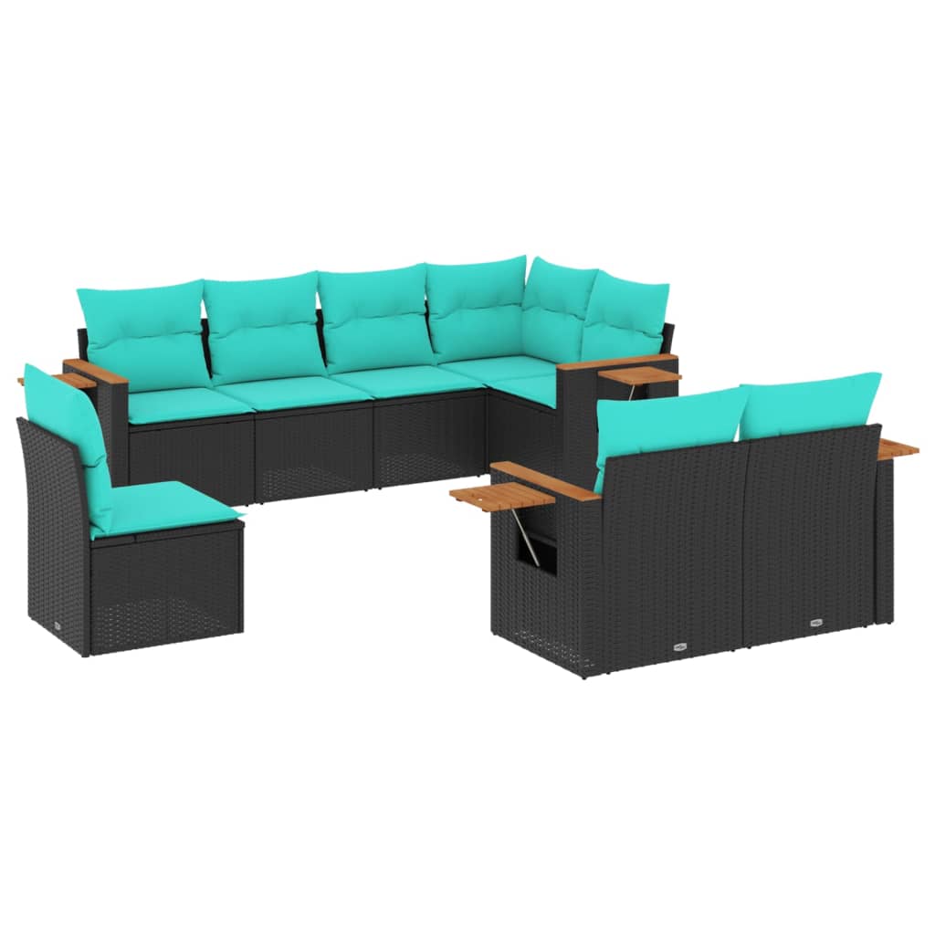 8 részes fekete polyrattan kerti ülőgarnitúra párnával