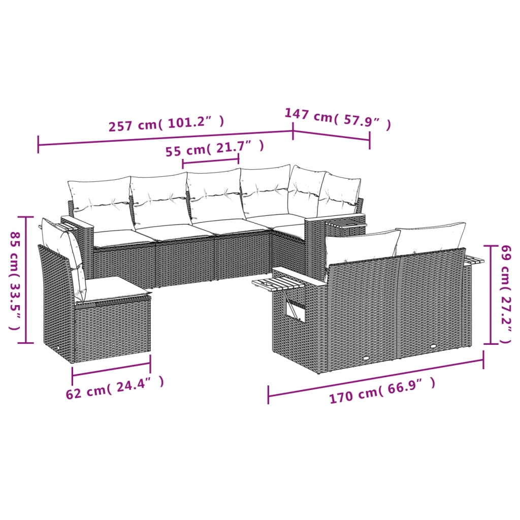 8 részes fekete polyrattan kerti ülőgarnitúra párnával