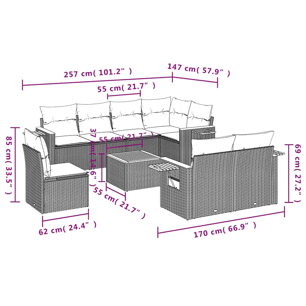 9 részes fekete polyrattan kerti ülőgarnitúra párnákkal