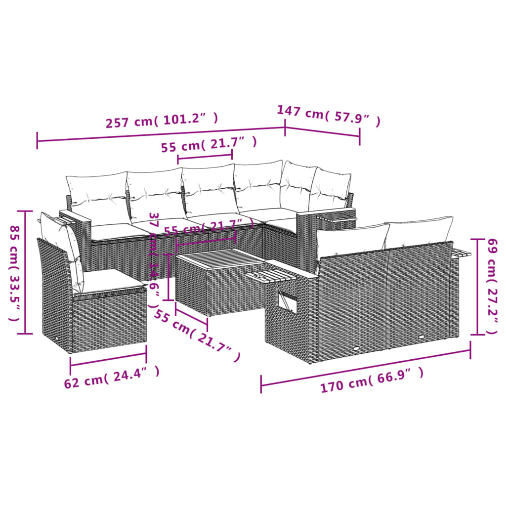 9 részes fekete polyrattan kerti ülőgarnitúra párnával