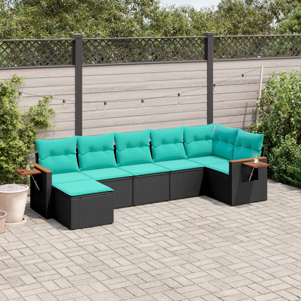 7 részes fekete polyrattan kerti ülőgarnitúra párnákkal