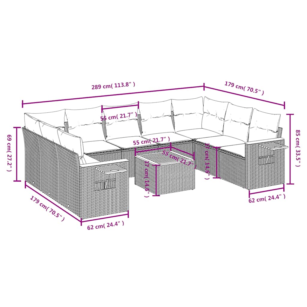 10 részes szürke polyrattan kerti ülőgarnitúra párnával